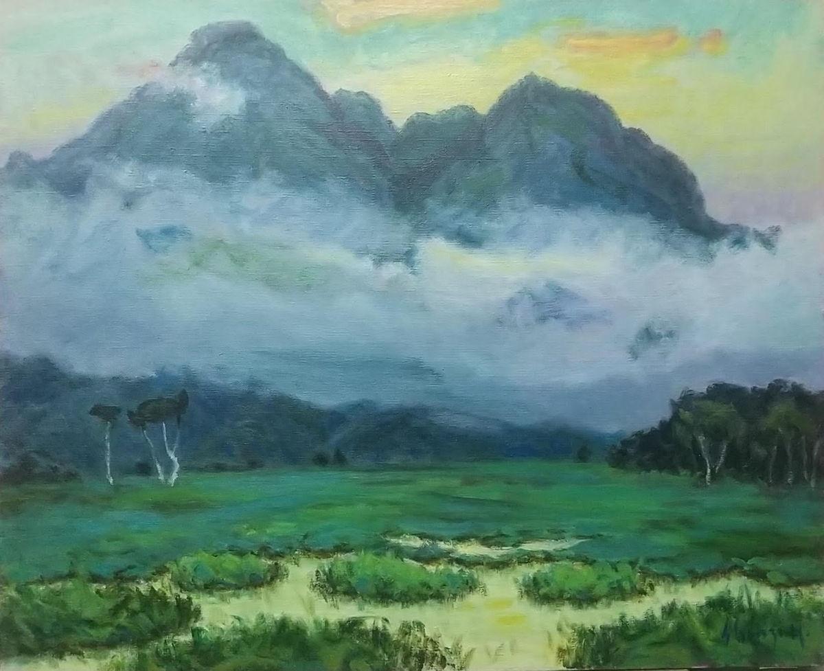 明ける尾瀬ヶ原」2004 F15 風景画 油絵 油彩画 アート 絵画