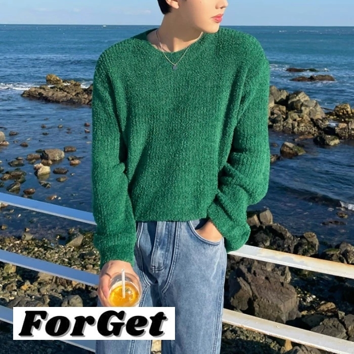 グリーンニット トップス 韓国男子 トレンド感 かっこいい (ニット
