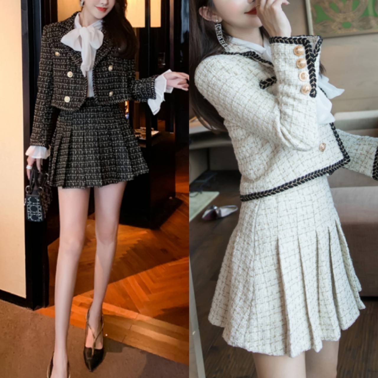 セットアップ ツイード ジャケット ミニスカート プリーツ 全2色