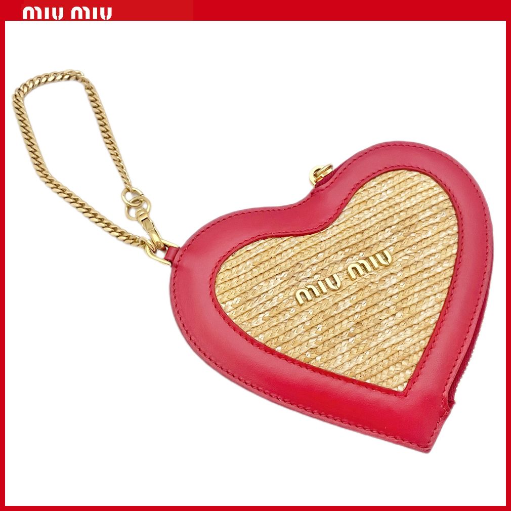 ミュウミュウmiu miuラフィアハート ストラップ付ポーチ 赤 (MiuMiu