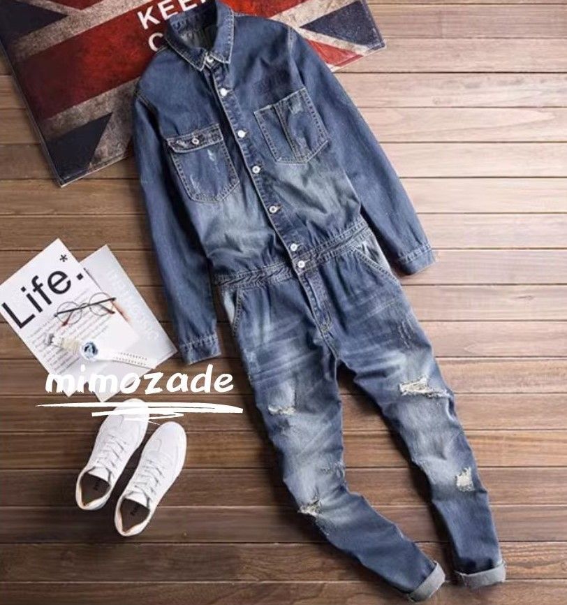 韓国 つなぎ オーバーオール デニム ダメージ加工 BX78