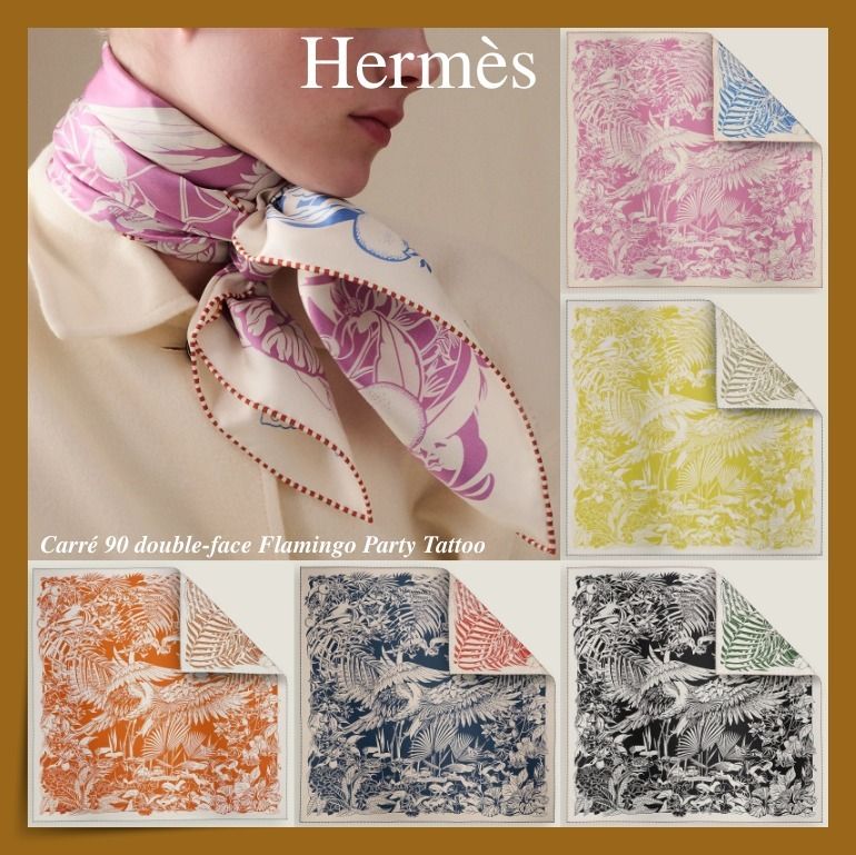 HERMES】カレ90☆両面が素敵 Flamingo Party Tattoo スカーフ (HERMES