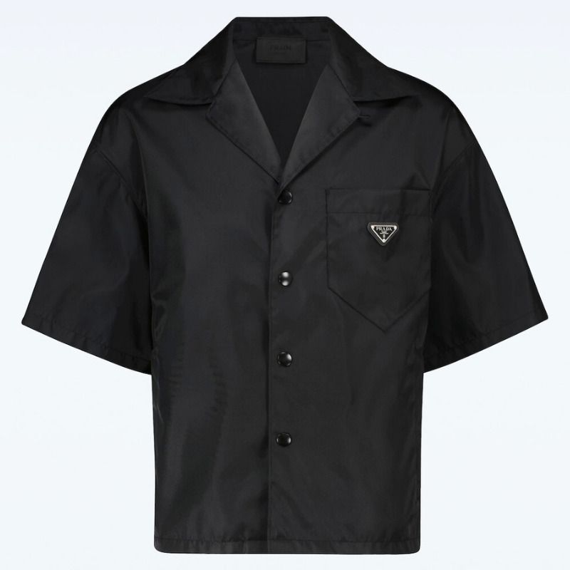 大人気☆PRADA メンズ ロゴ ナイロンボウリングカラー半袖シャツ