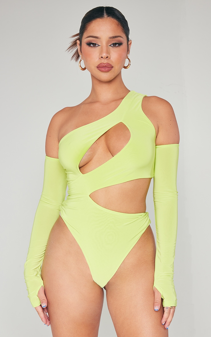 Lime Slinky Bardot Thumb Hole Cut Out Bodysuit | Tops | PLT