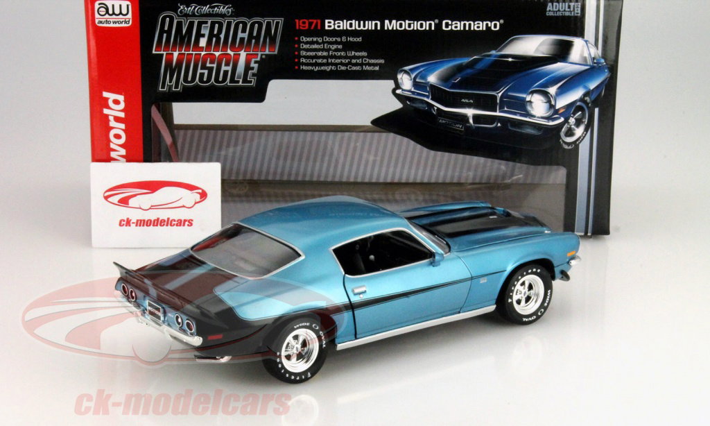 AutoWorld 1:18 Chevrolet Camaro Baldwin Motion year 1971 blue
