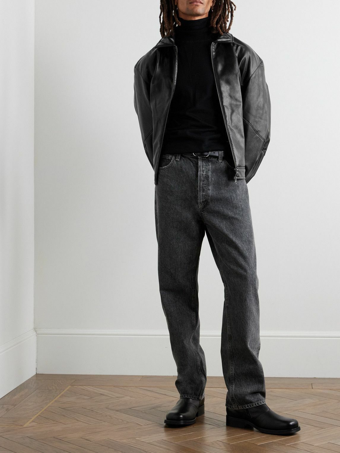 Amomento - Padded Crinkled Faux Leather Blouson Jacket - Black