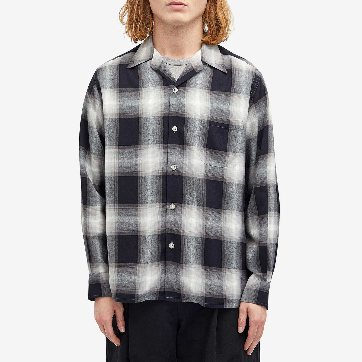 Wacko Maria Men's Type-1 Ombre Check Open Collar Shirt in Grey