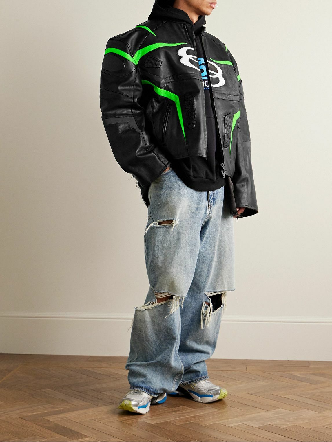 Balenciaga - Racer Oversized Distressed Panelled Leather Jacket