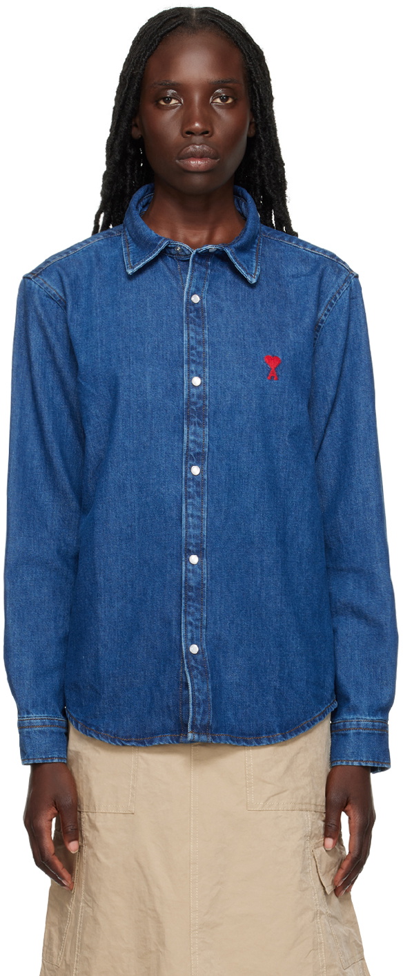 AMI Paris Navy Ami de Cœur Denim Shirt AMI