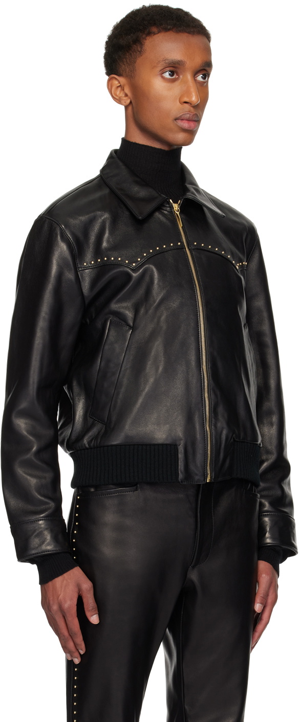 Ernest W. Baker Black Studded Western Harrington Leather Jacket