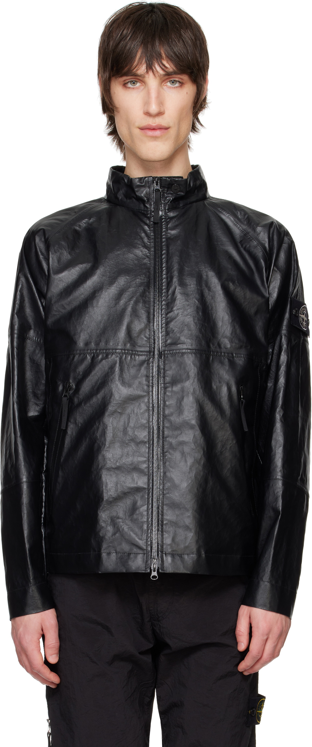 Stone Island Black Light Organza Leather Biker Jacket Stone Island