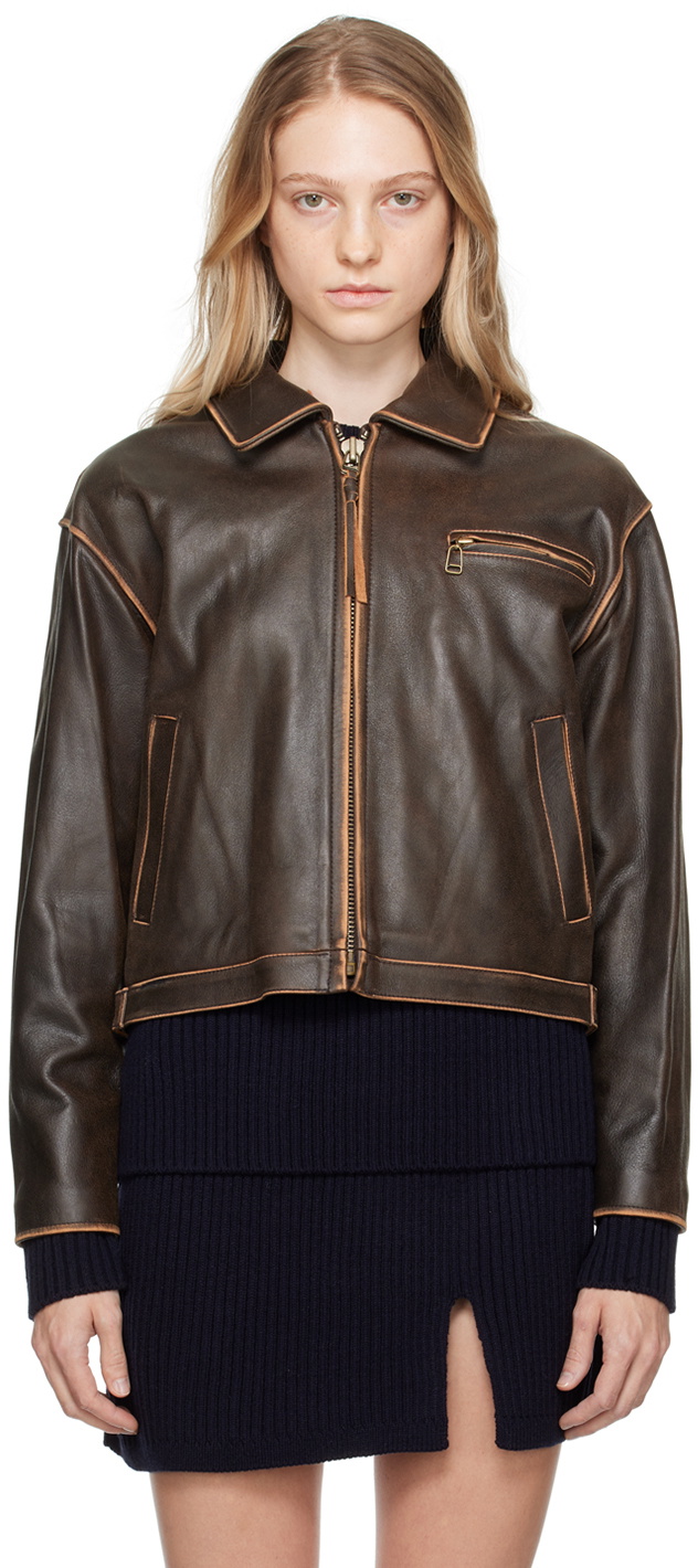 OPEN YY Brown Classic Leather Jacket OPEN YY