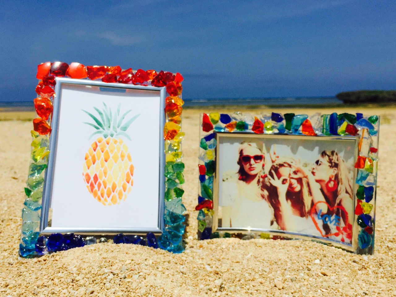 沖縄・那覇・ガラス細工】琉球ガラスや貝殻をちりばめたフォトフレーム