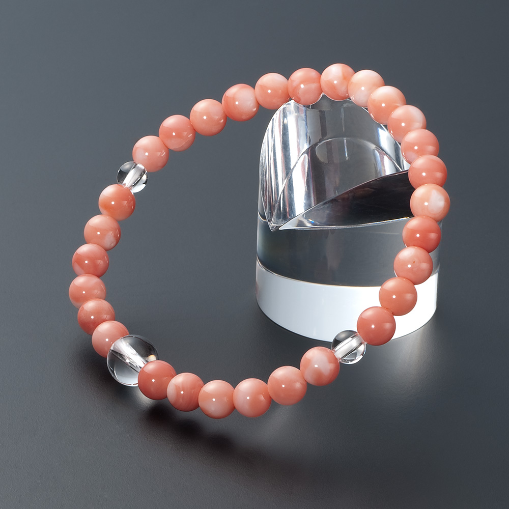 特選腕輪念珠 天然石ブレスレット 深海珊瑚 本水晶仕立 約5.5mm玉