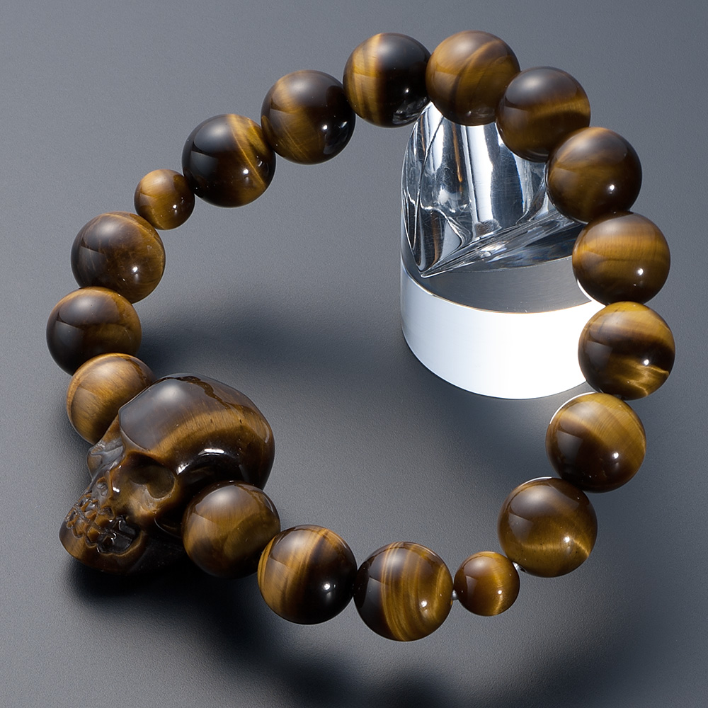 特選腕輪念珠 天然石ブレスレット 骸骨彫り(髑髏彫り) 虎目石 12mm玉