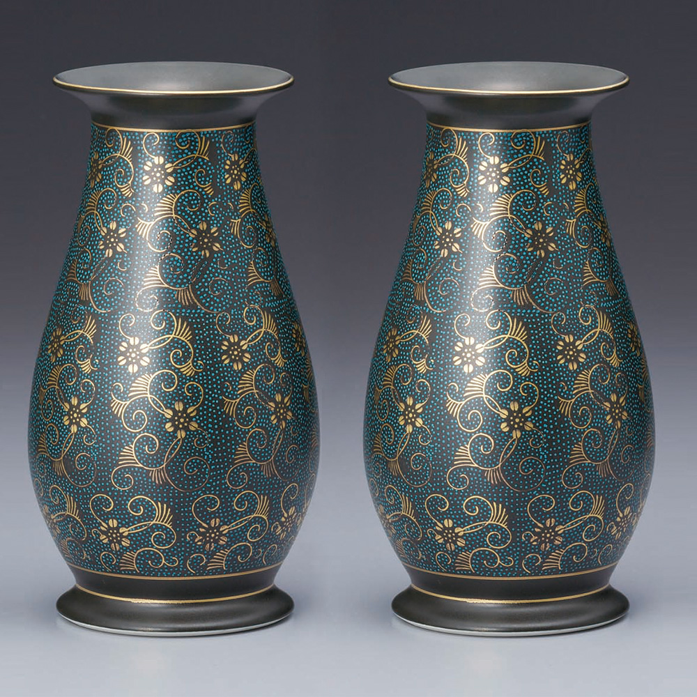 仏壇用花瓶・お盆用花瓶 九谷焼 青粒鉄仙 (一対) | 仏壇・仏具専門店