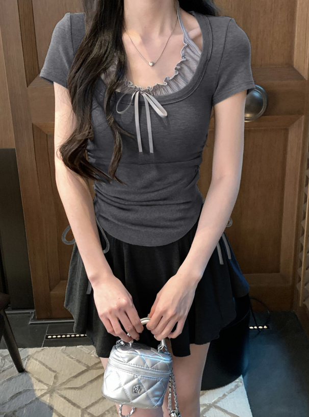 フリルリボンキャミソール×ドロスト半袖トップスアンサンブル[ac2528