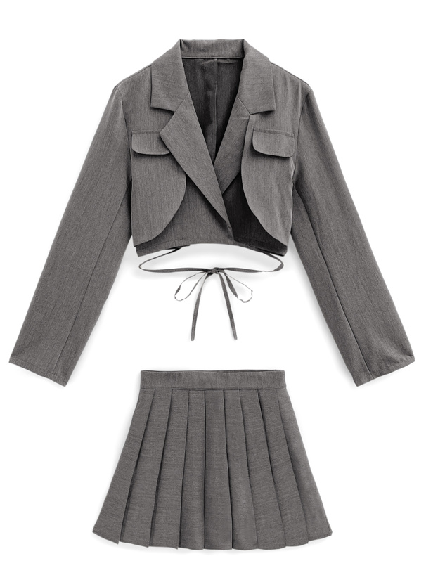 リボンクロップド丈ジャケット×プリーツスカートセットアップ[at2340