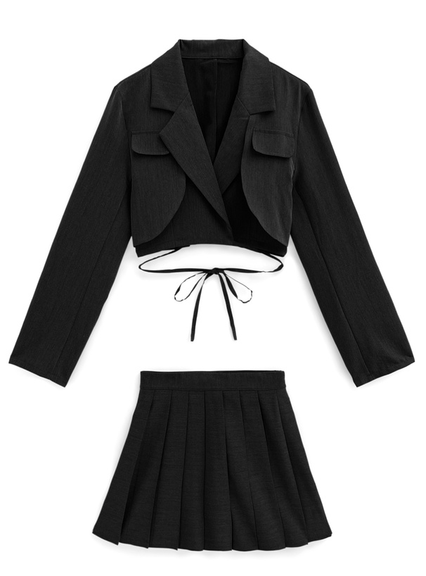 リボンクロップド丈ジャケット×プリーツスカートセットアップ[at2340
