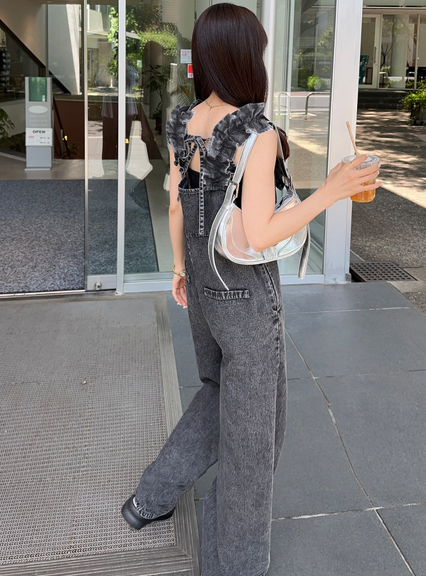 ショルダーフリルバックリボンデニムオールインワン[dh1285