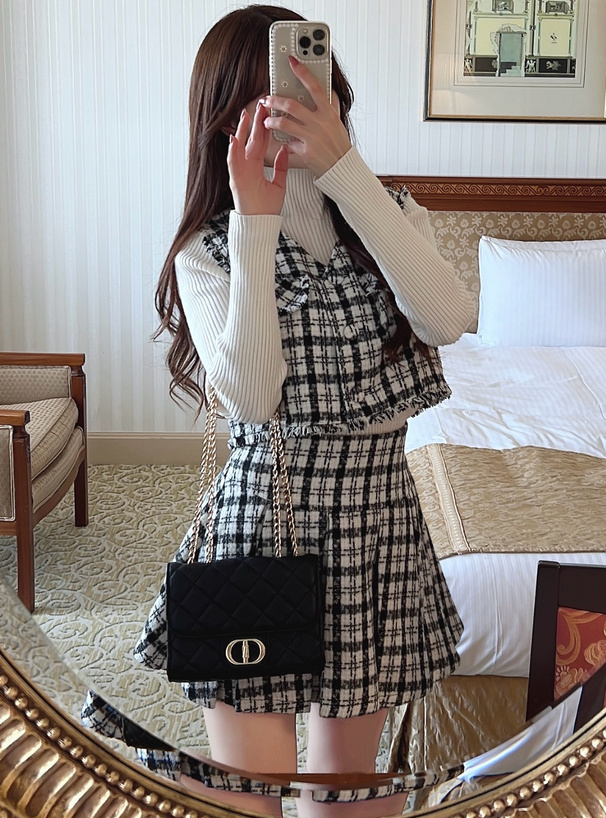ツイードチェックベスト×プリーツスカートセットアップ[dk1279