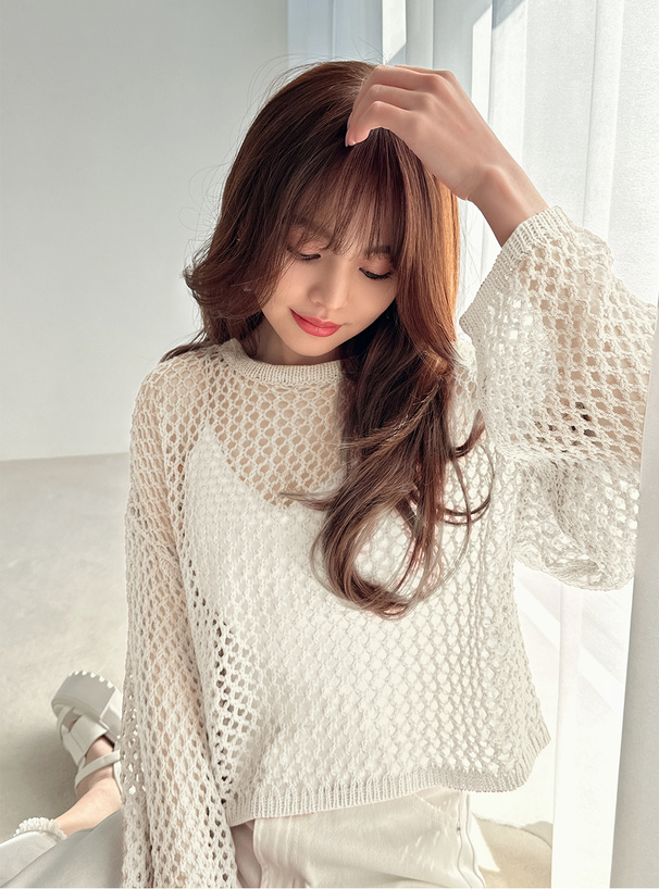 メッシュ編みクロップド丈ニットトップス[fo1537] | レディース