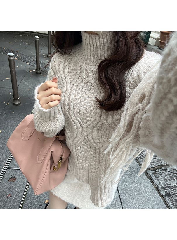 フリンジケーブル編みハイネックニットトップス[kz641] | レディース