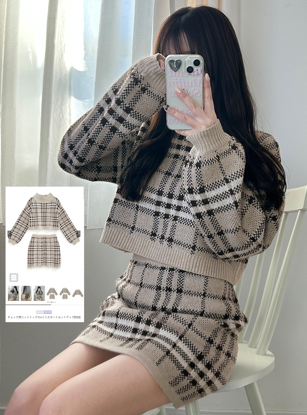 チェック柄ニットトップス×ミニスカートセットアップ[lt50