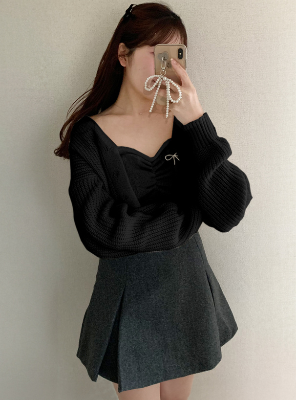 リボンブローチ付きカーディガン×ビスチェニットアンサンブル[mb1576