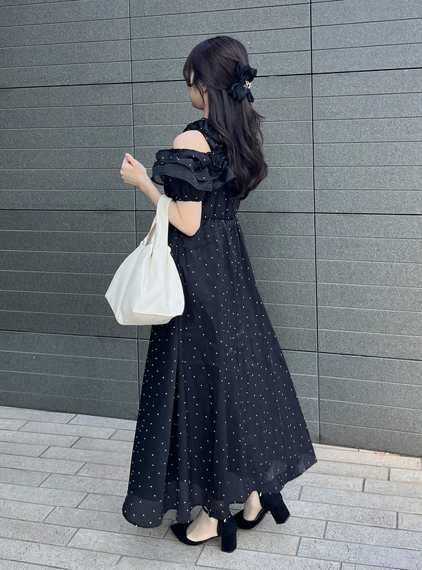 ドット柄フリルオフショルダーフレアロングワンピース[ru1165