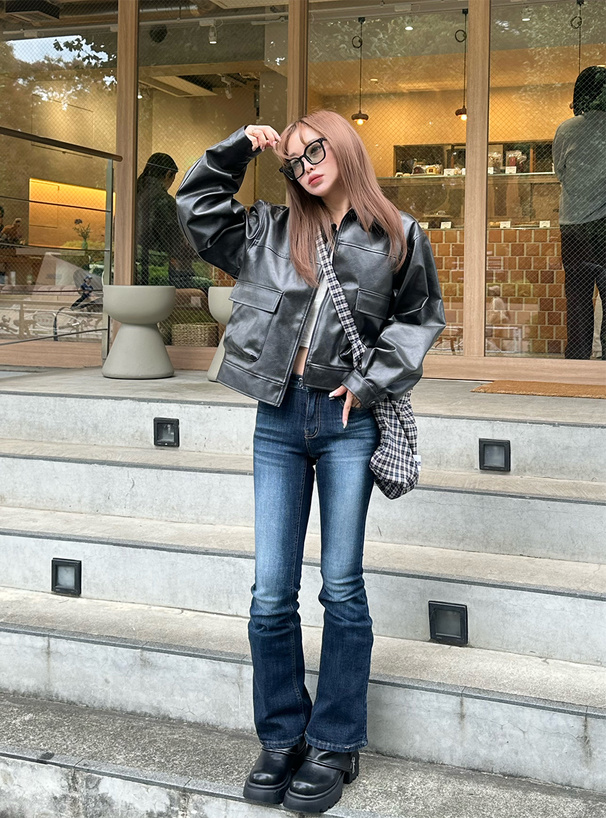 ヴィンテージ風ビッグポケットレザージャケット[tu1443] | レディース