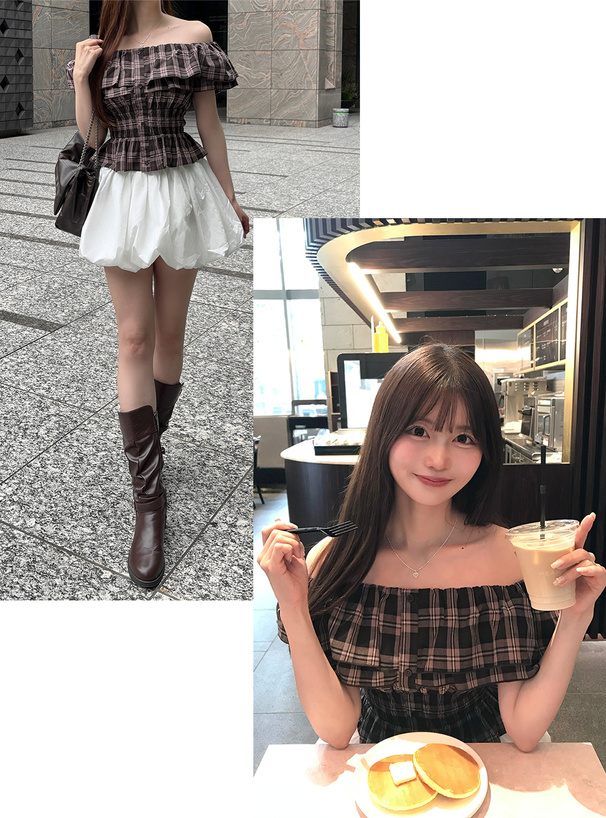 チェック柄オフショルダーフリルトップス[tu1744] | レディース