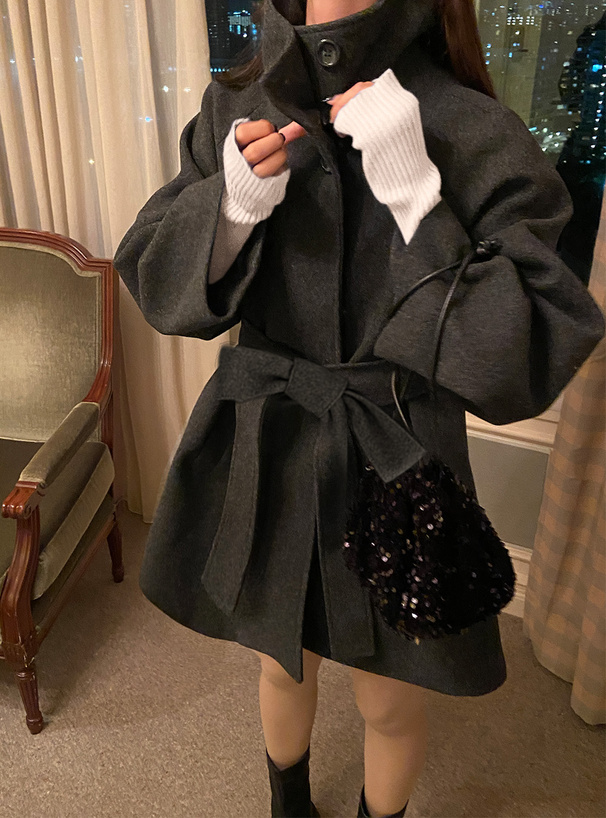 リボンベルト付スタンドカラーコート[ze778] | レディースファッション