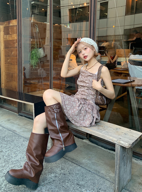 ダブルベルトジップカバー厚底ロングブーツ[zr1412] | レディース