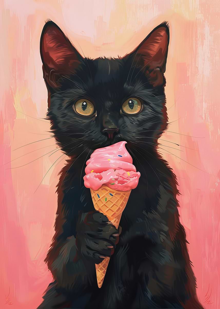 Cute Cat Black Cat Eating Ice Cream' Poster, picture, metal print