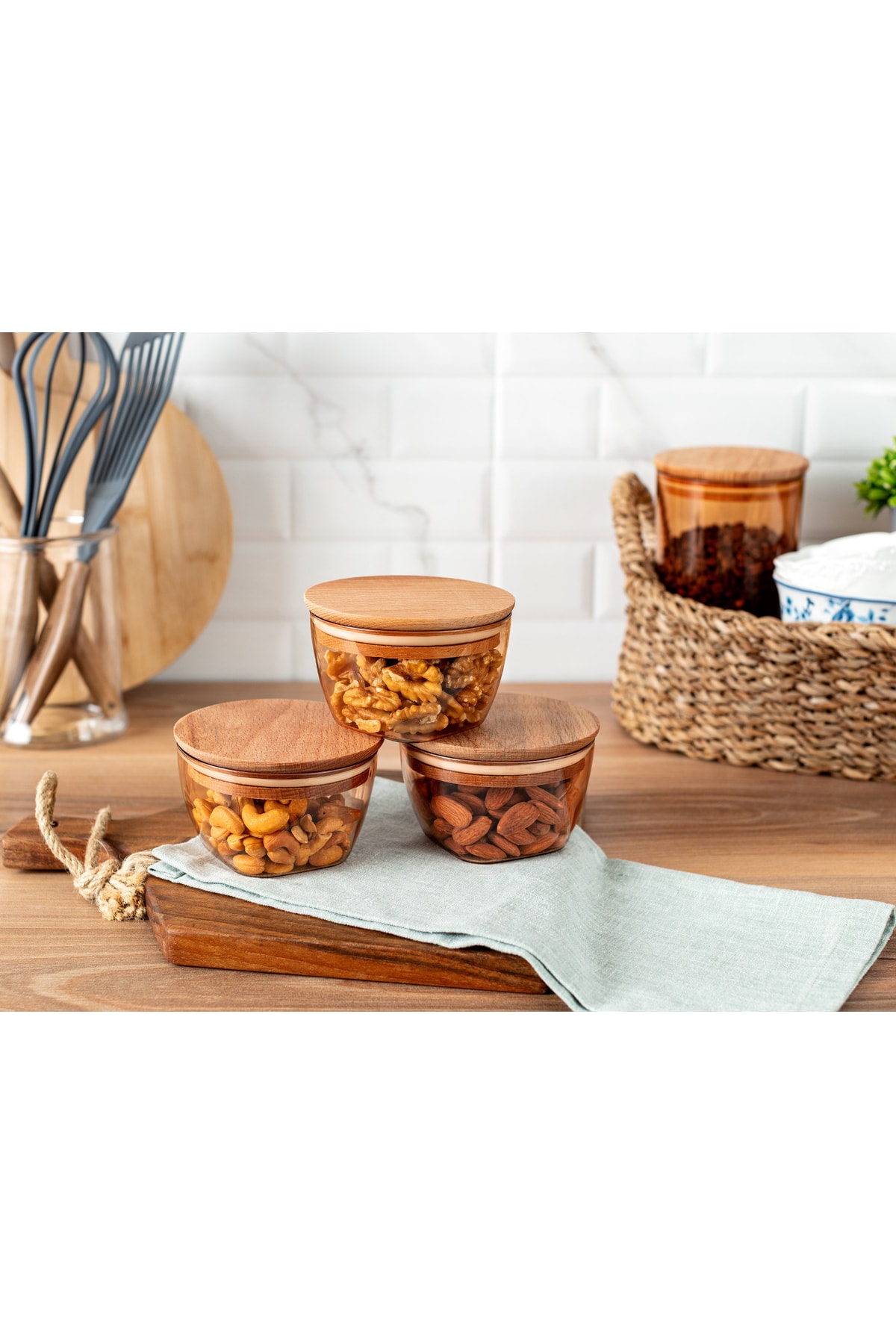 Madame Coco Florian 380ml Ahşap Kapaklı Saklama Kabı 3'lü - Fiyatı