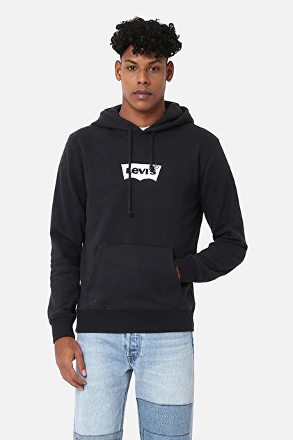 Levi's Erkek Kapüşonlu Baskılı Düz Siyah Sweatshirt - A2410-0013