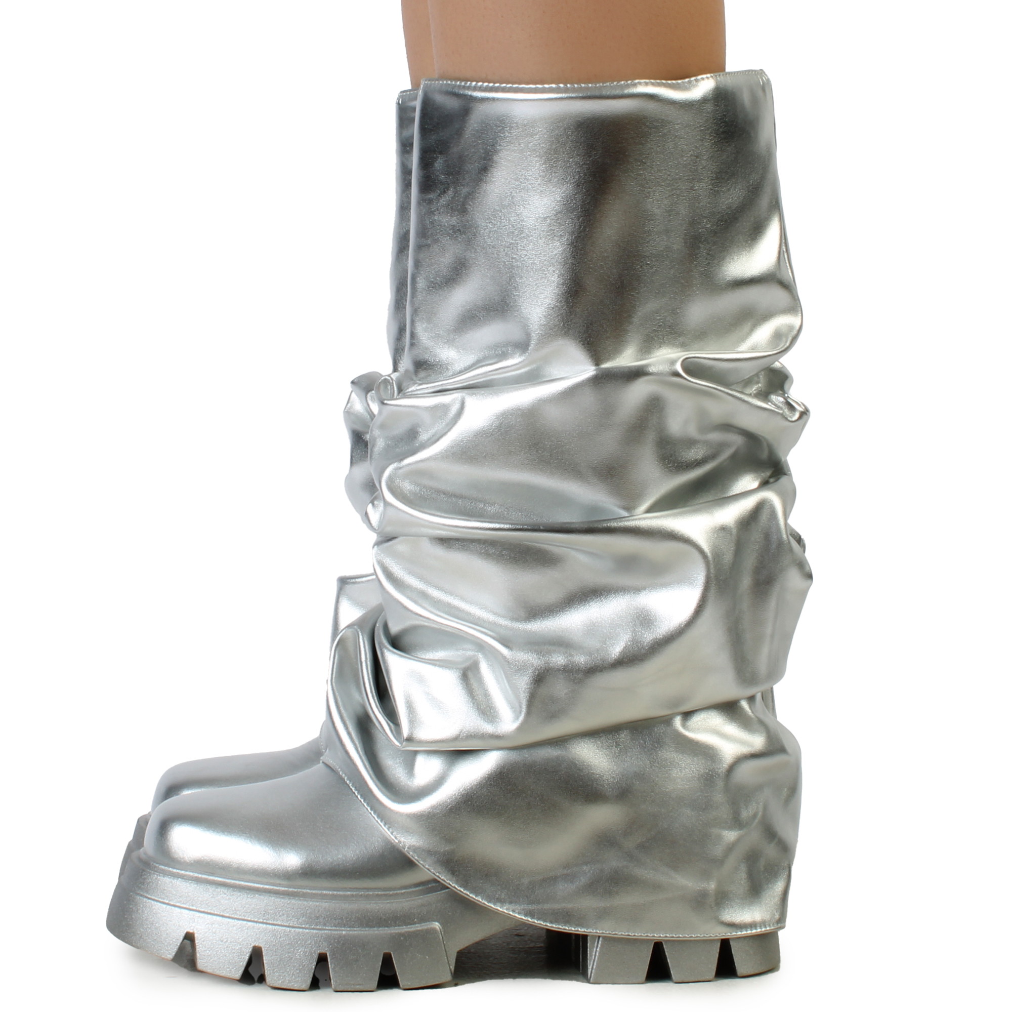AZALEA WANG Chunky Flat Boot MATE-SILVER - Karmaloop