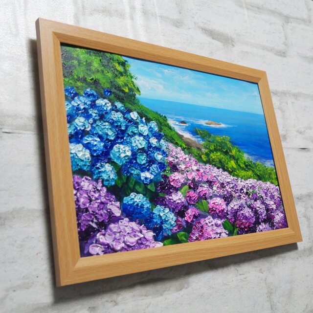 油絵【海と空と桃源郷岬の紫陽花】 | iichi 日々の暮らしを心地よく