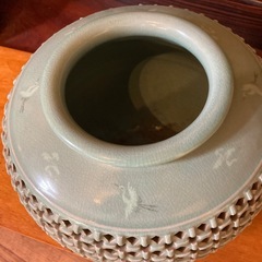 高麗青磁 花瓶 鶴 壷 花器 花入れ 網目透かし 雲鶴図 大花瓶 (紺