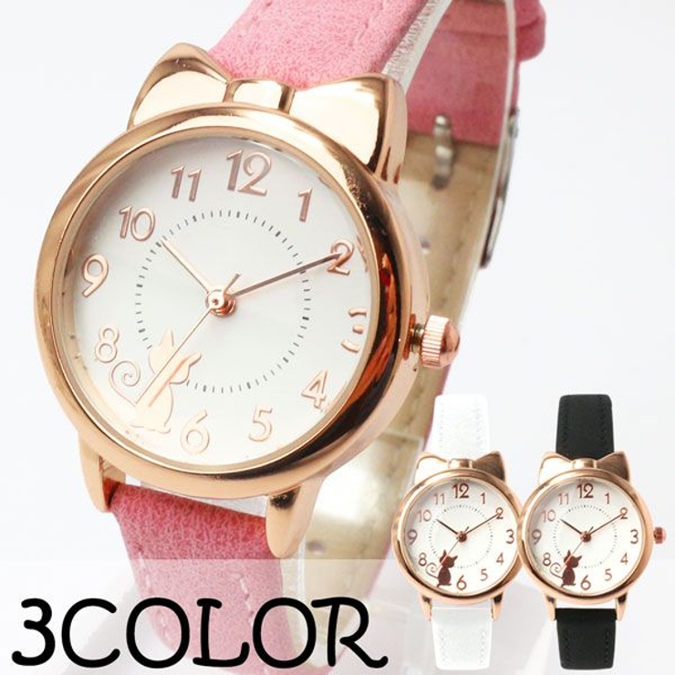 キュートな猫耳つきピンクゴールドケースのデザインウォッチ 文字盤