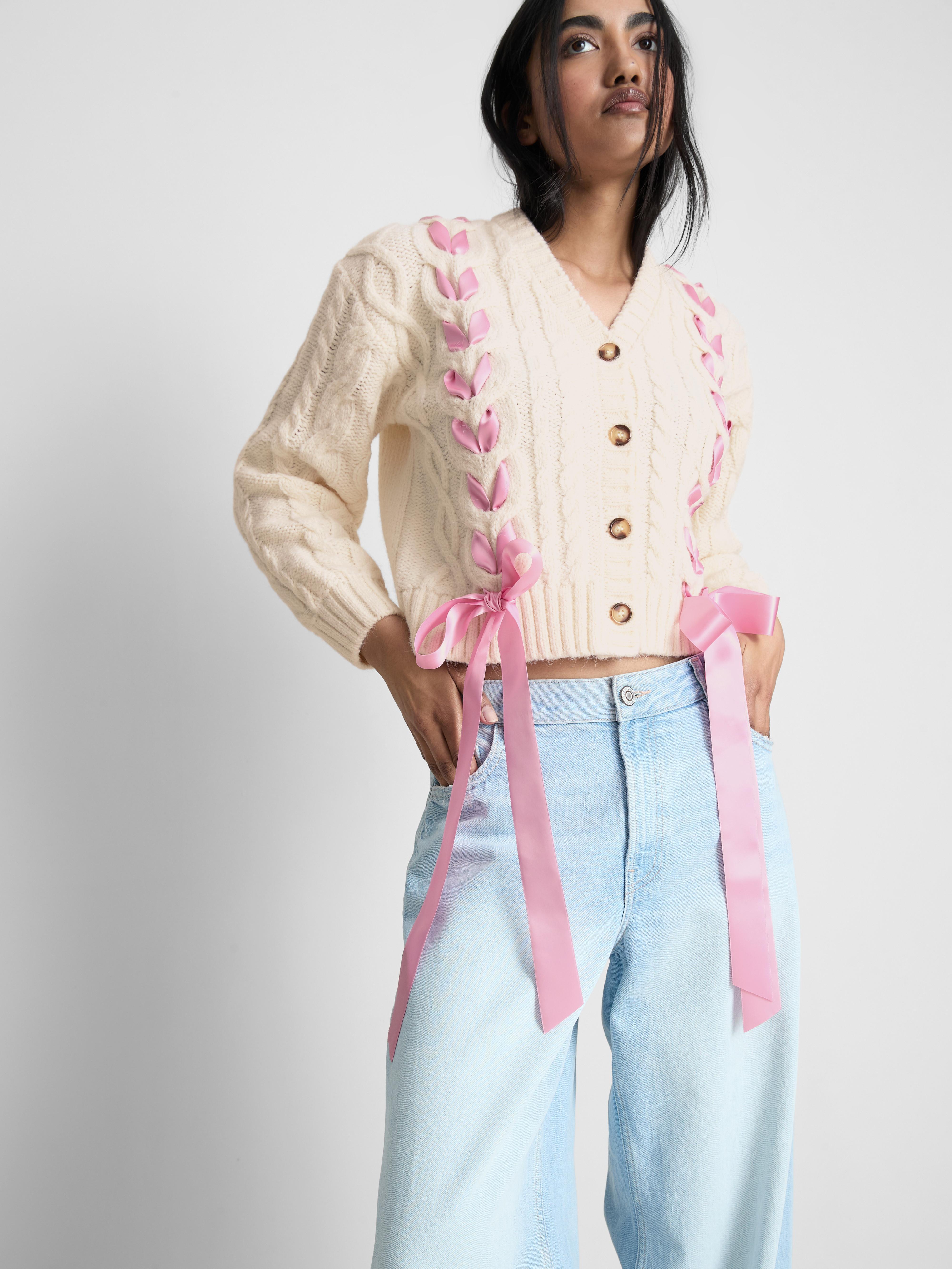 Womens Ecru Cable Knit Ribbon Cardigan | Primark