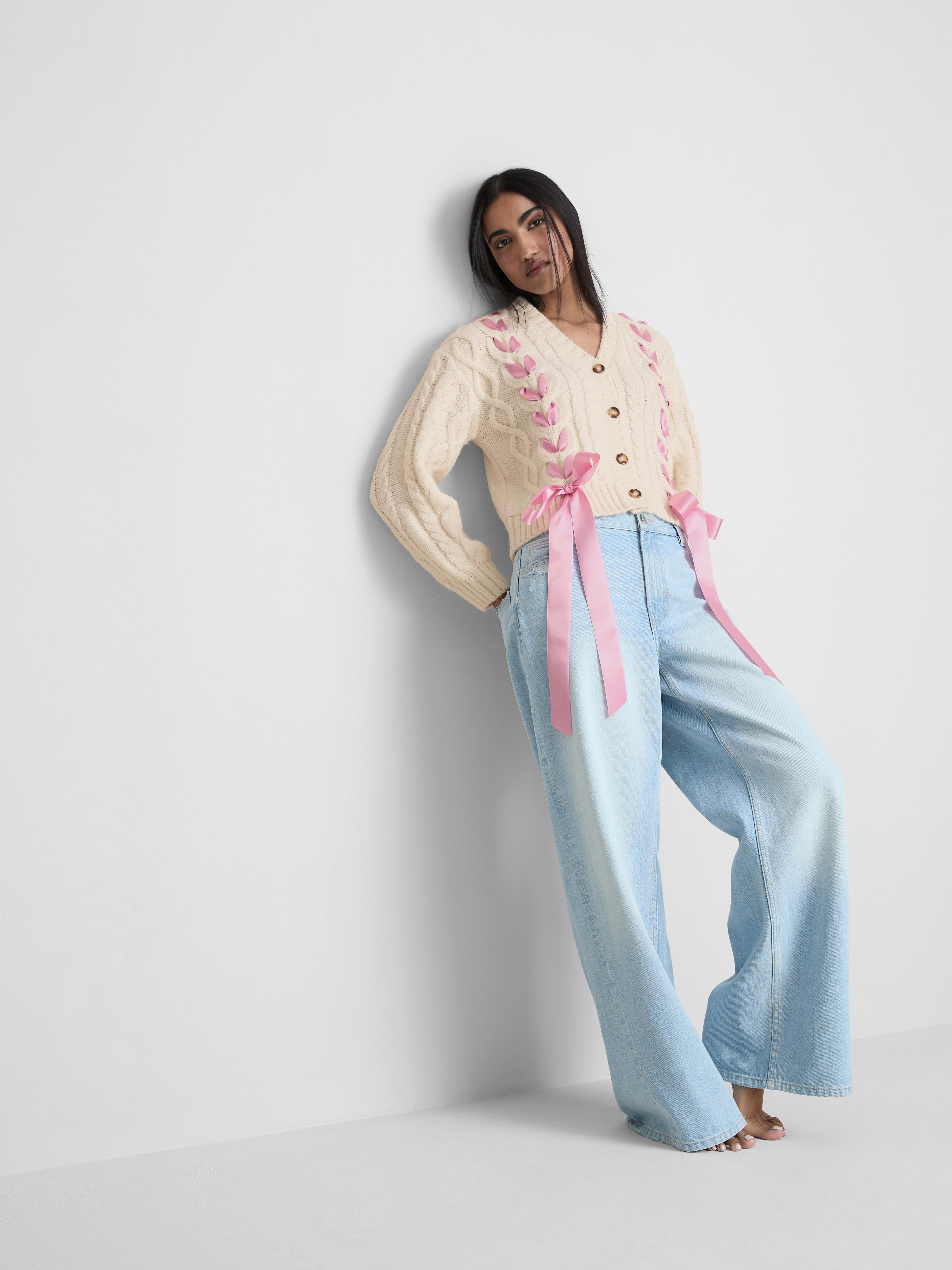 Womens Ecru Cable Knit Ribbon Cardigan | Primark