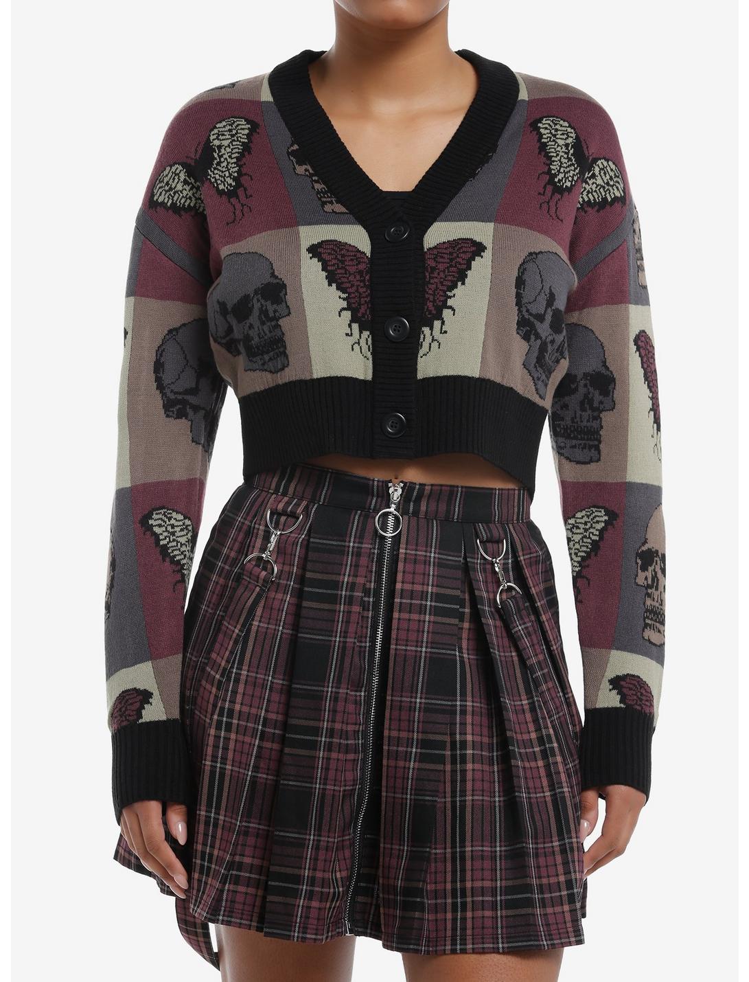 Social Collision Skull Butterfly Color-Block Girls Crop Cardigan