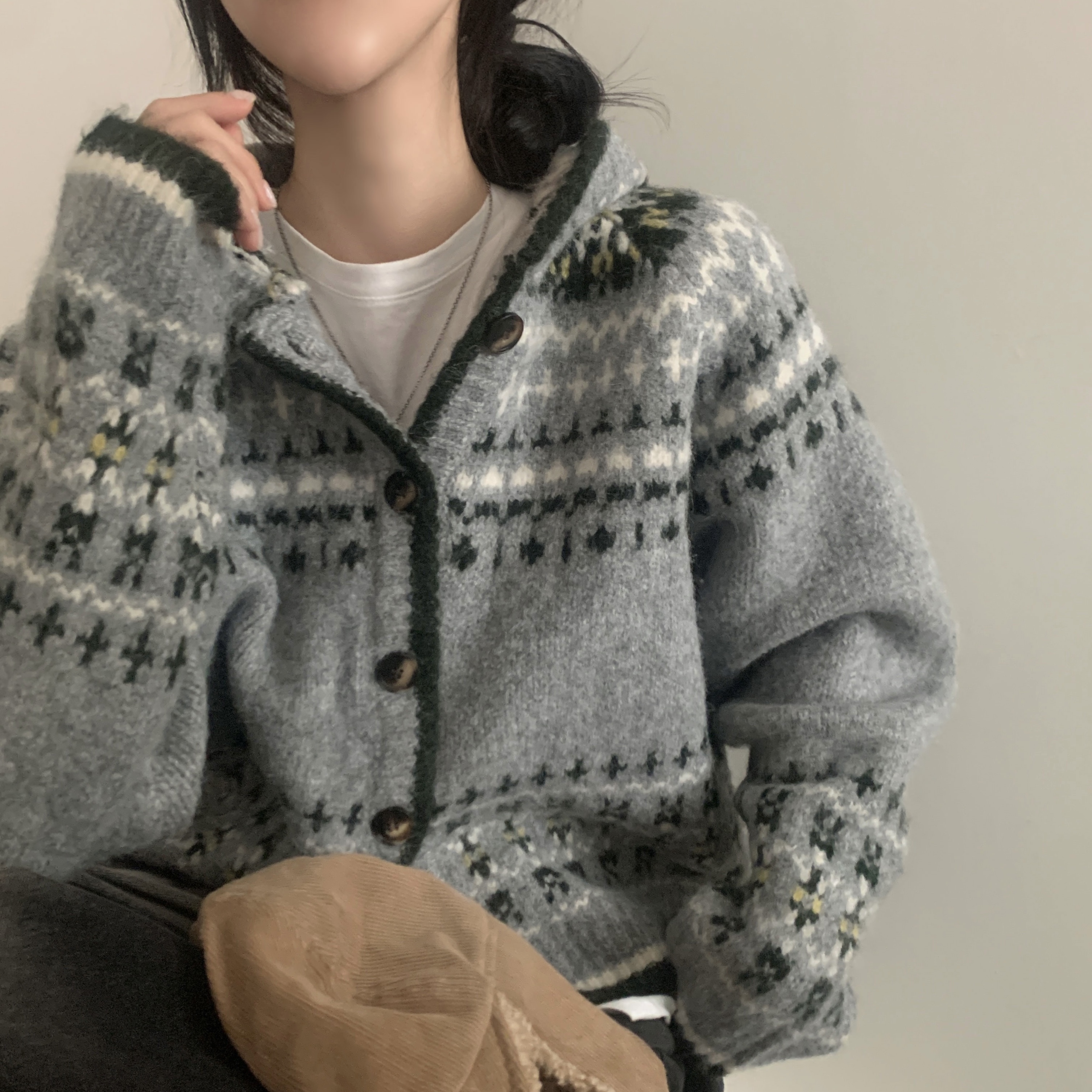 ノルディック柄フード付きニットカーディガン | ファッション通販