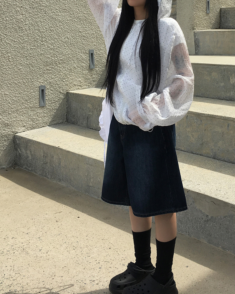 MD pick/サマーウインドブレーカー] フリルフード付き裾ドロストドット