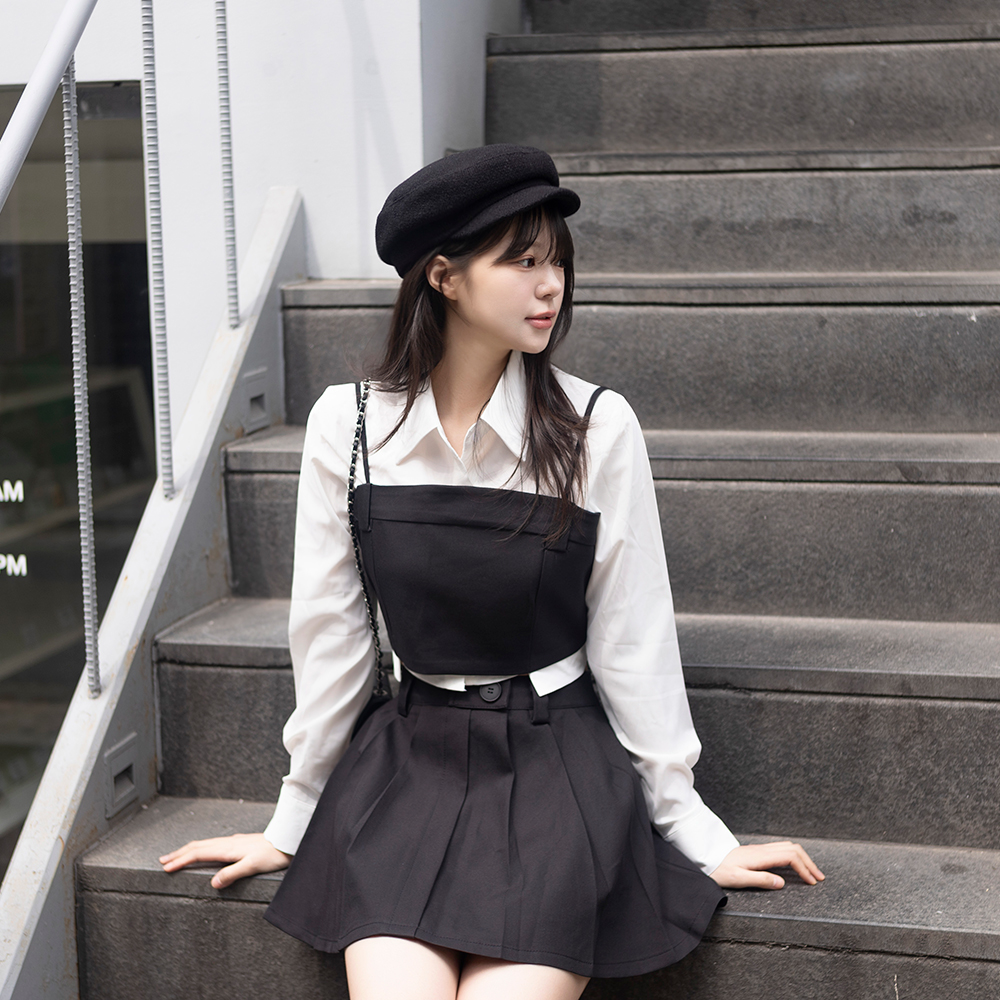 3点セット] レイヤードビスチェシャツプリーツスカートセット