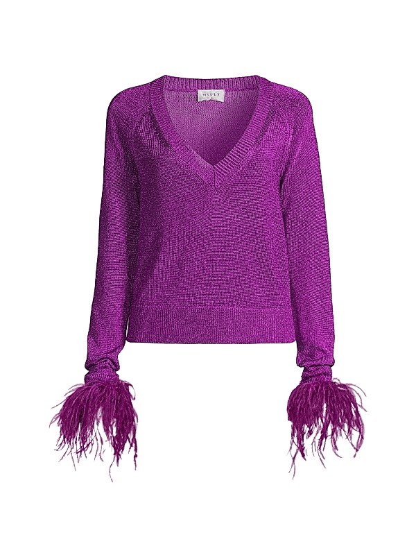 Milly Feather-Trimmed Metallic Knit Pullover Sweater | Saks Fifth