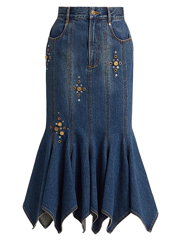 Area Embellished Denim Handkerchief-Hem Trumpet Midi-Skirt | Saks