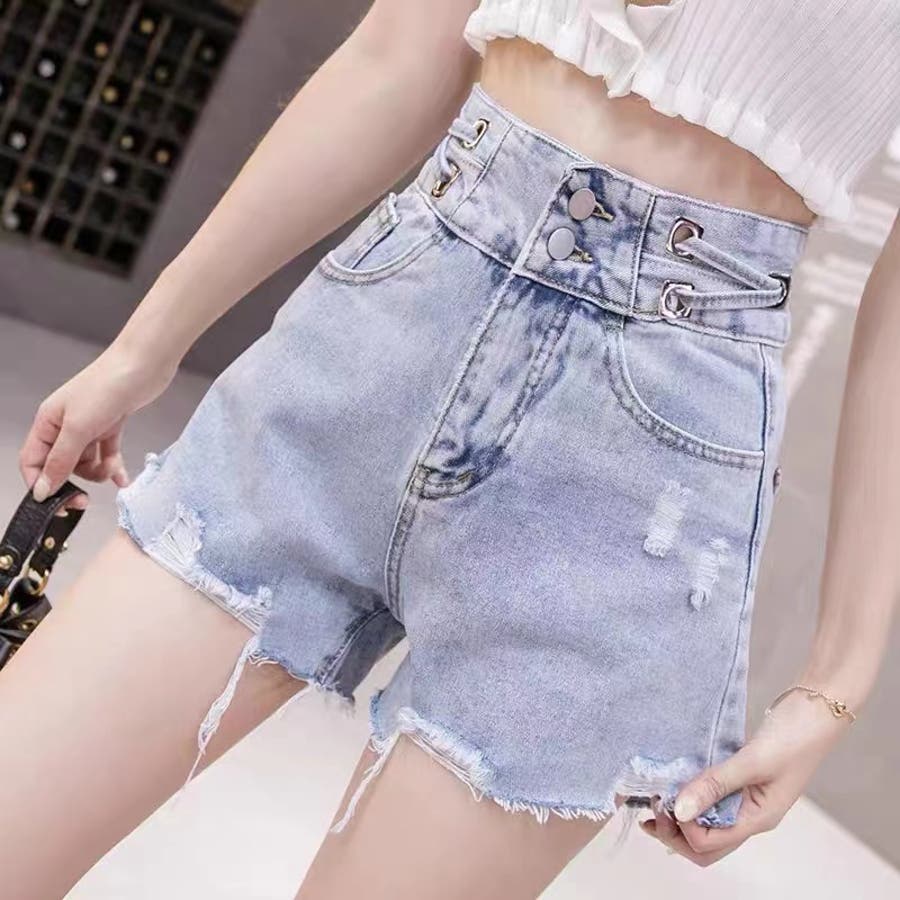 夏新作】ダブルボタンハイウエストダメージデザインデニムショート